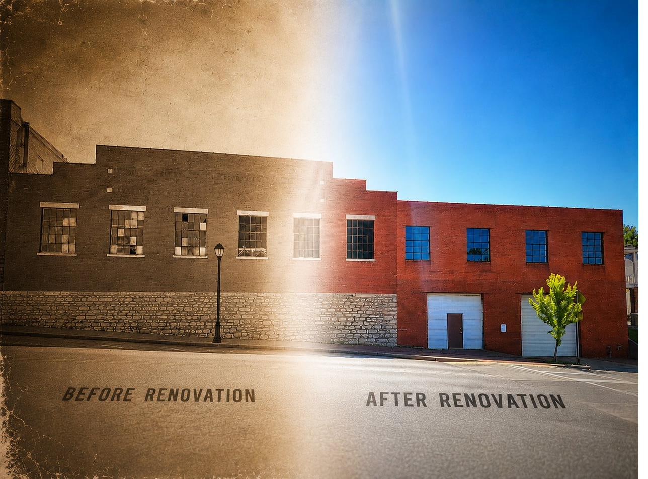 The warehouse before and after renovation - from a weathered grey shell to a restored red-brick building