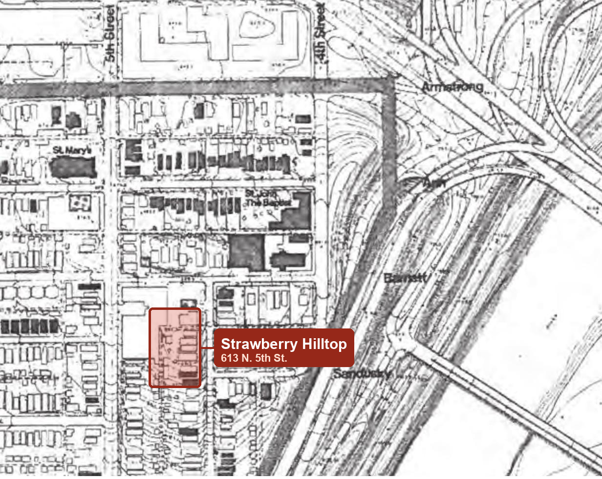 1978 Strawberry Hill historic survey map showing the block at 5th and Barnett, with the Meyer dairy building among its neighbors